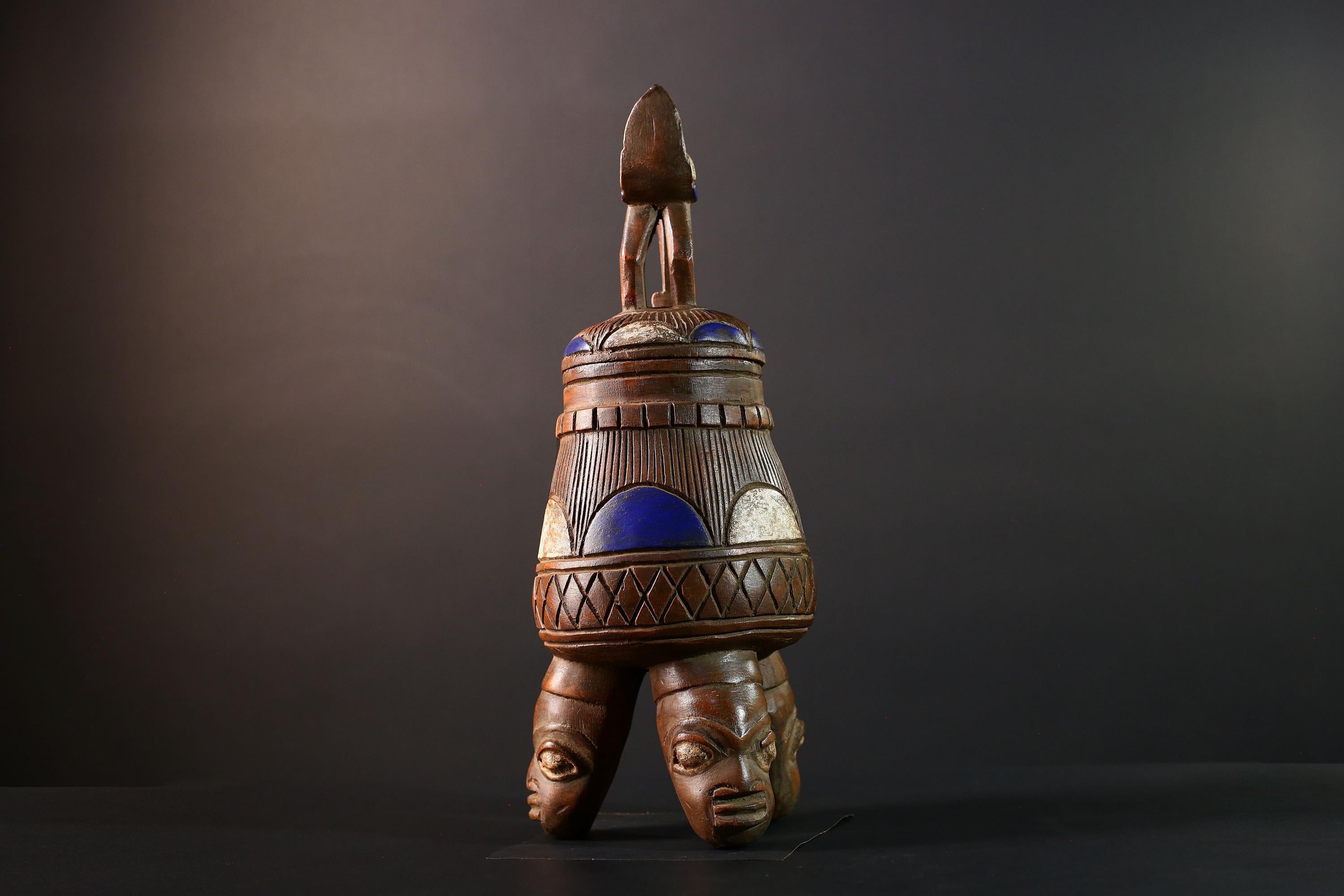 African Tribal Vessel Bird Lid Jar with Carved Head Tripod Base Blue White Geometric Pattern Nigerian Ritual Wood Art Decor-G5622