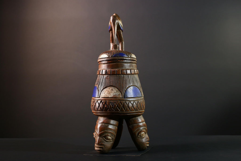 African Tribal Vessel Bird Lid Jar with Carved Head Tripod Base Blue White Geometric Pattern Nigerian Ritual Wood Art Decor-G5622