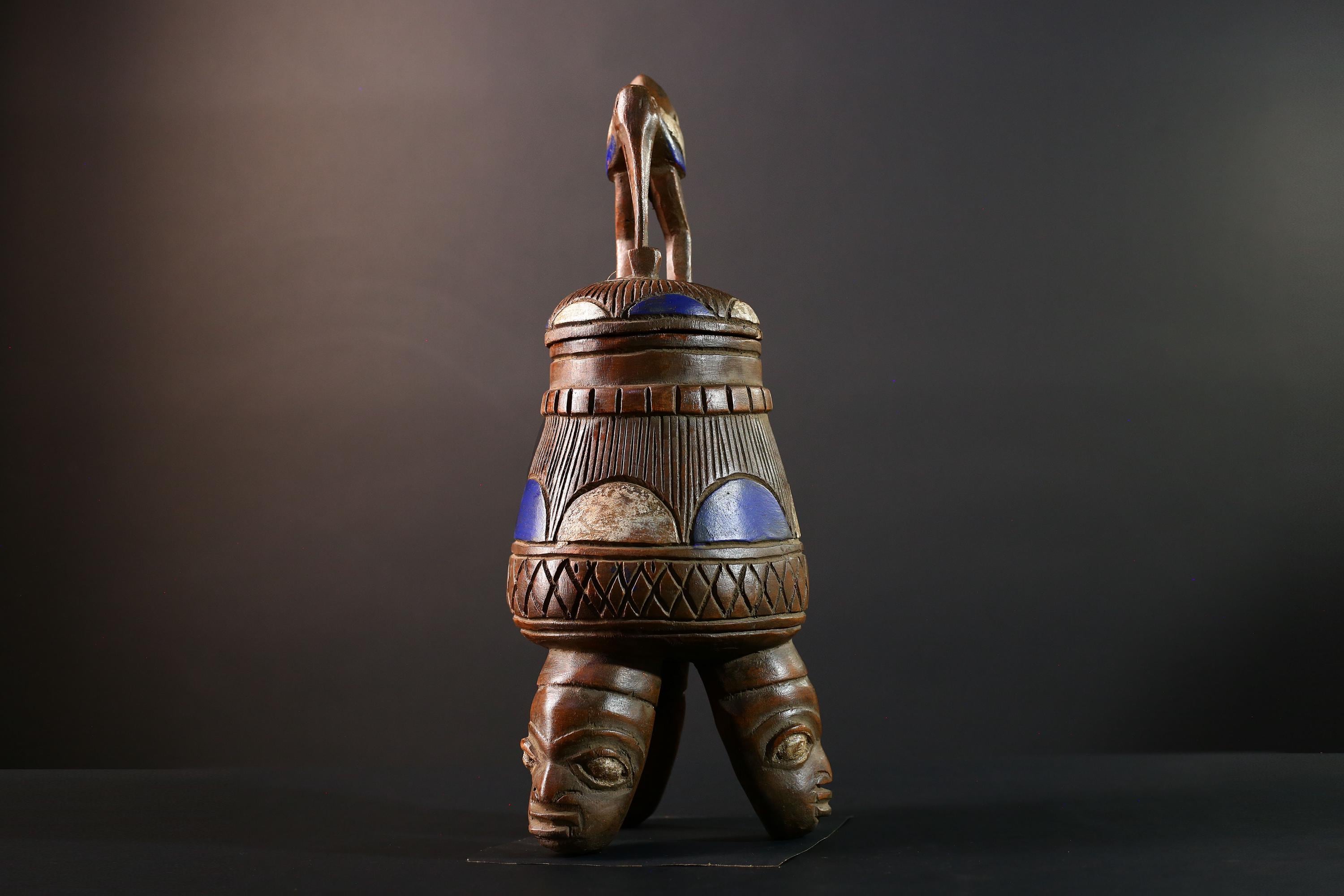 African Tribal Vessel Bird Lid Jar with Carved Head Tripod Base Blue White Geometric Pattern Nigerian Ritual Wood Art Decor-G5622