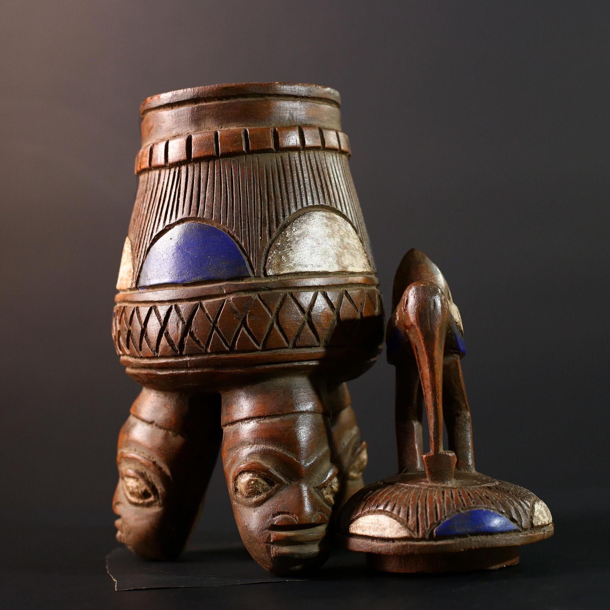 African Tribal Vessel Bird Lid Jar with Carved Head Tripod Base Blue White Geometric Pattern Nigerian Ritual Wood Art Decor-G5622