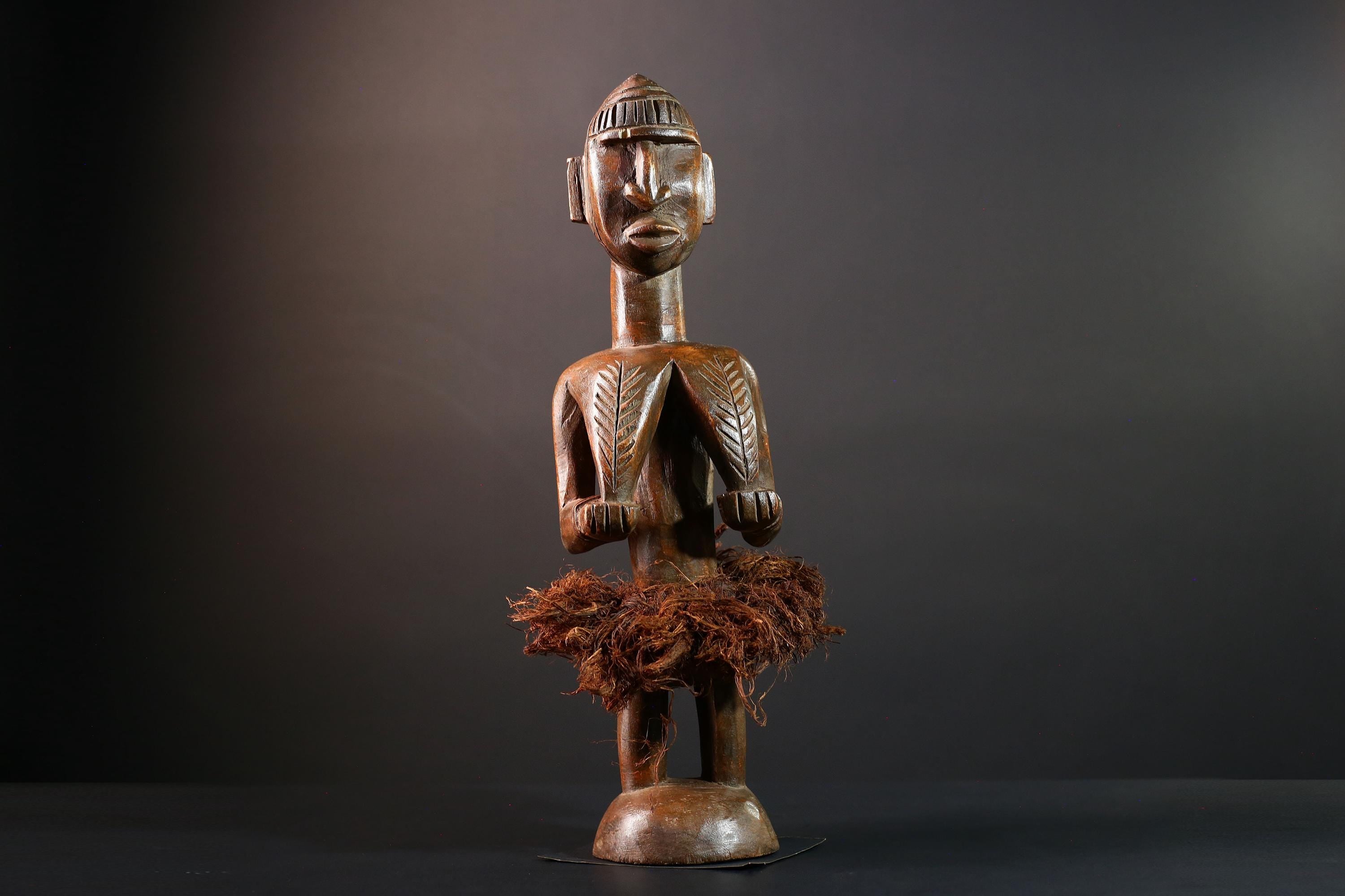 African tribal figure Congo statue carved female wood spirit art fiber skirt ethnic fertility sculpture ancestral decor gift-G5624