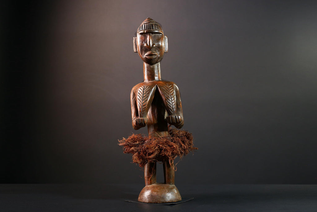 African tribal figure Congo statue carved female wood spirit art fiber skirt ethnic fertility sculpture ancestral decor gift-G5624