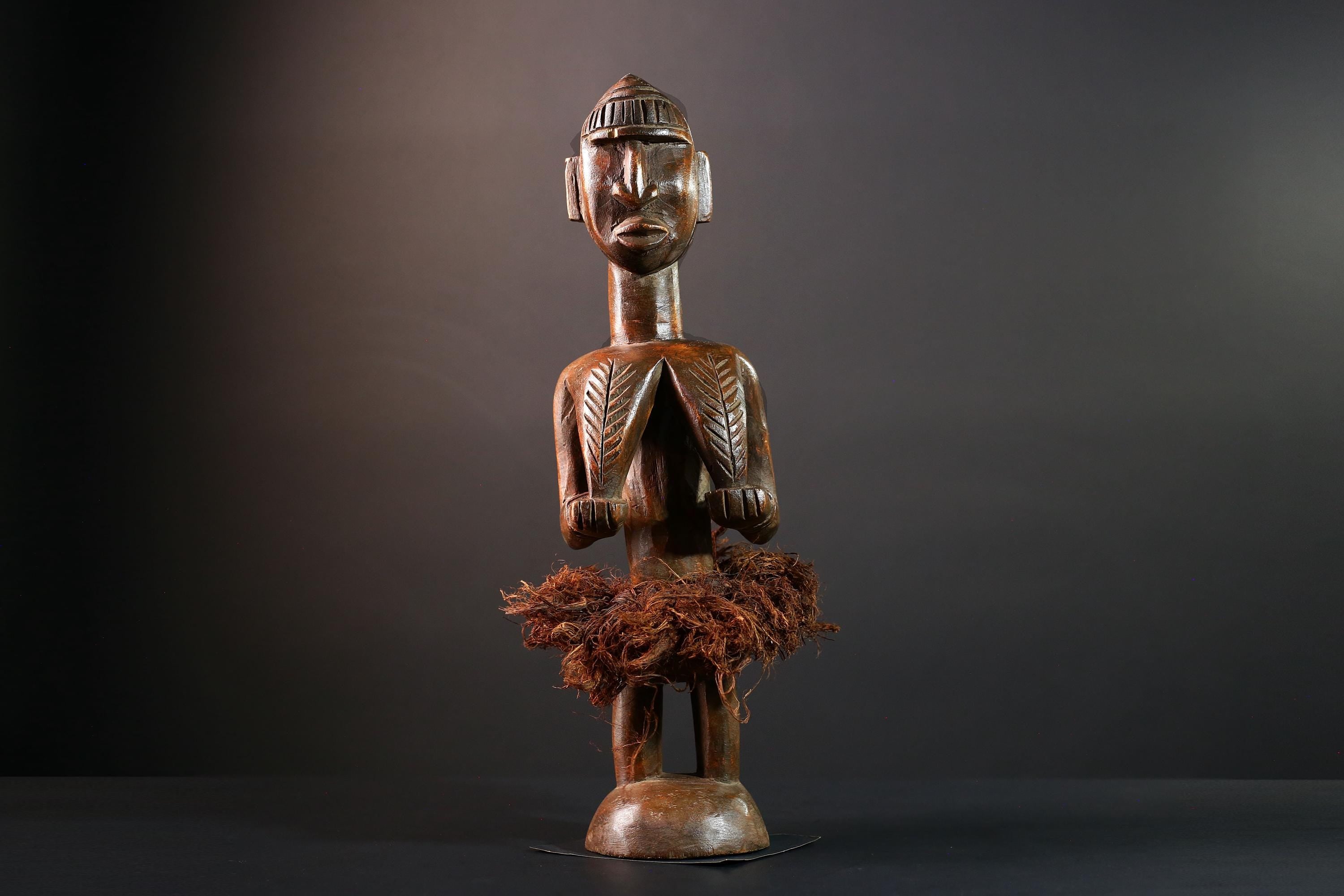 African tribal figure Congo statue carved female wood spirit art fiber skirt ethnic fertility sculpture ancestral decor gift-G5624