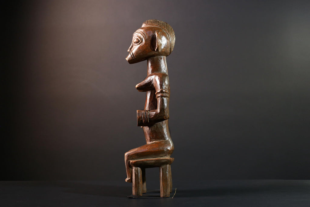 African tribal figure Luba female ancestor sculpture seated spirit statue wood carving Congo fertility decor collectible art-G5625