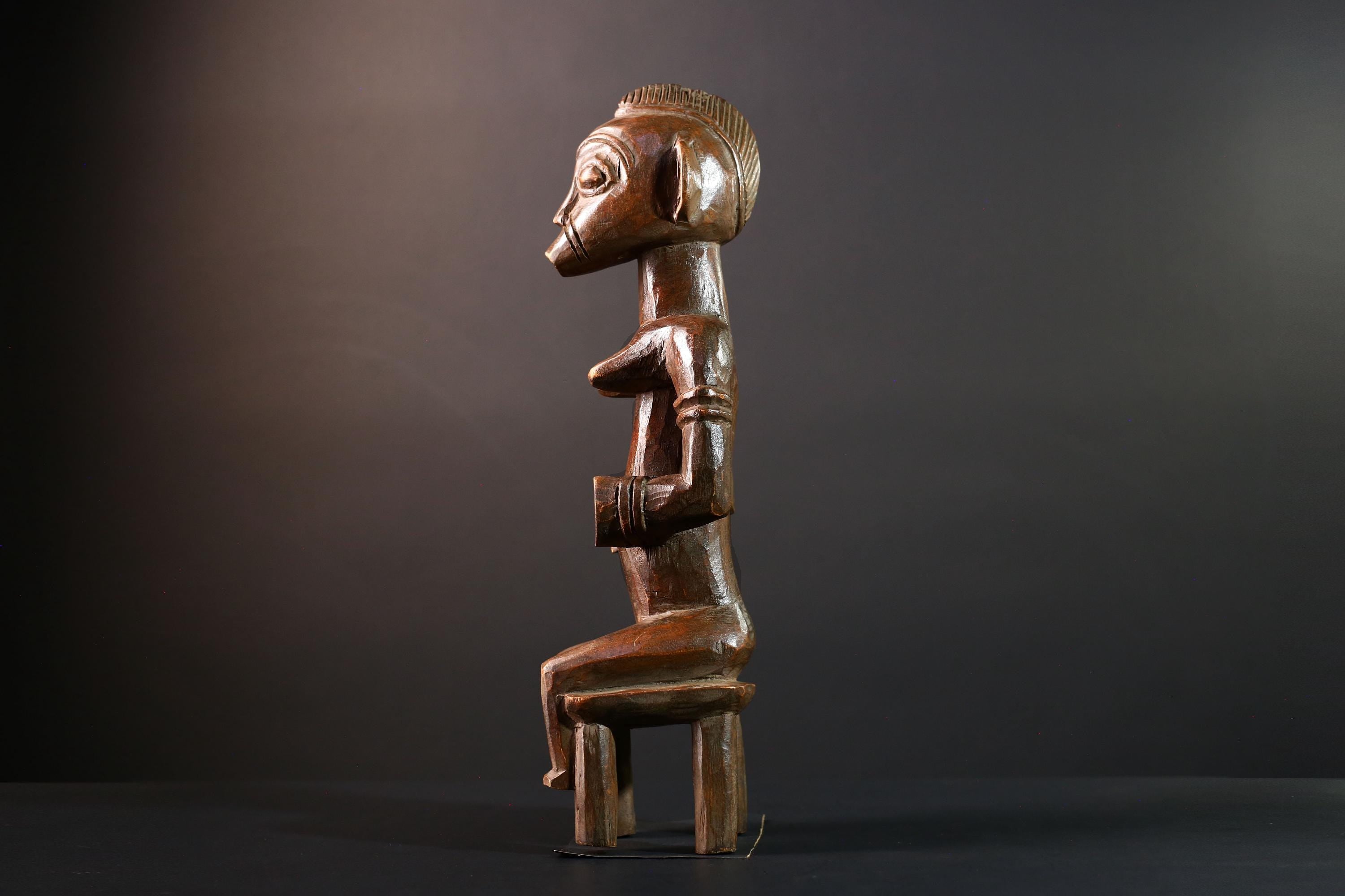 African tribal figure Luba female ancestor sculpture seated spirit statue wood carving Congo fertility decor collectible art-G5625