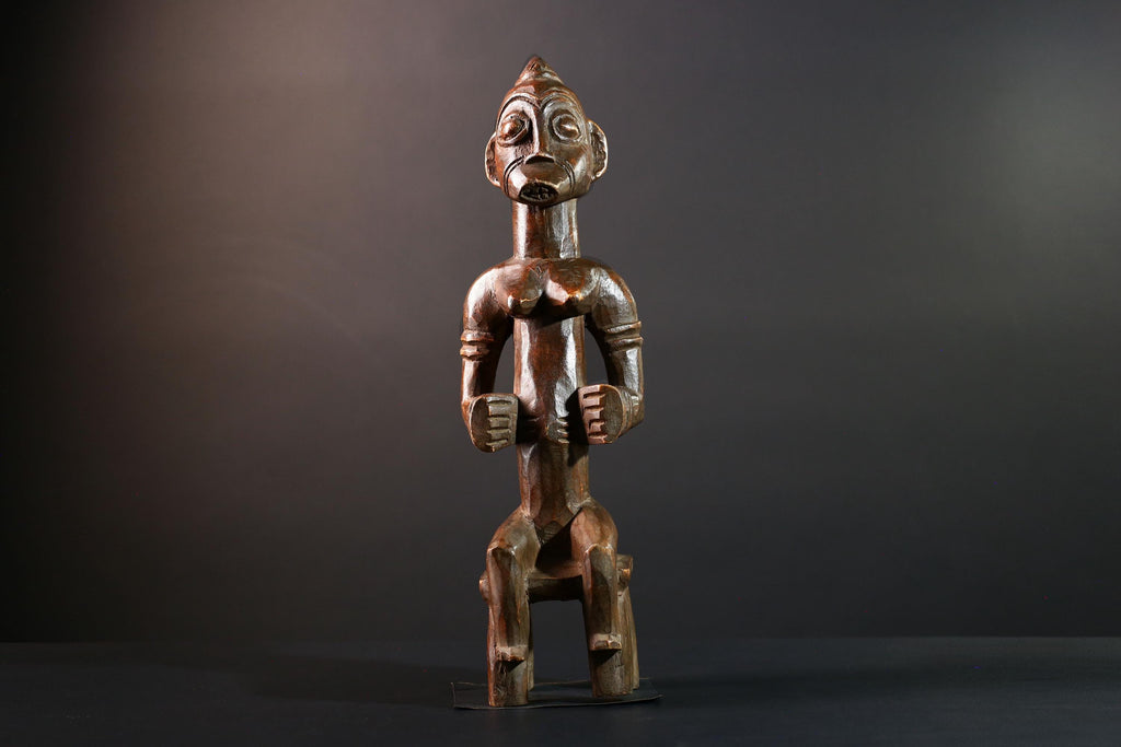 African tribal figure Luba female ancestor sculpture seated spirit statue wood carving Congo fertility decor collectible art-G5625