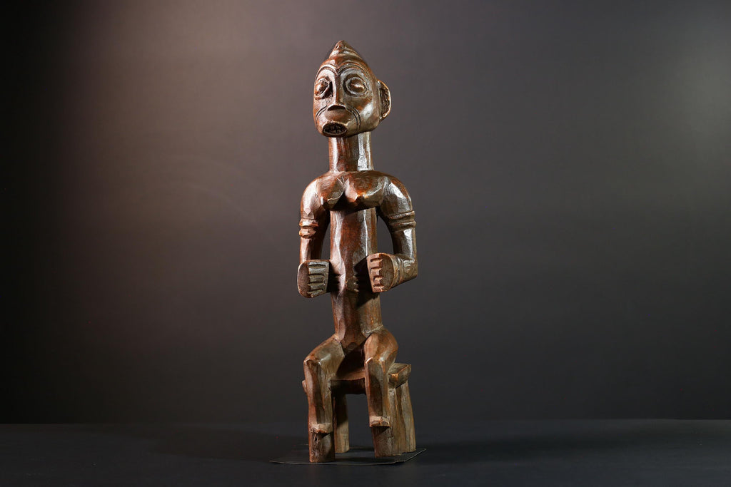 African tribal figure Luba female ancestor sculpture seated spirit statue wood carving Congo fertility decor collectible art-G5625