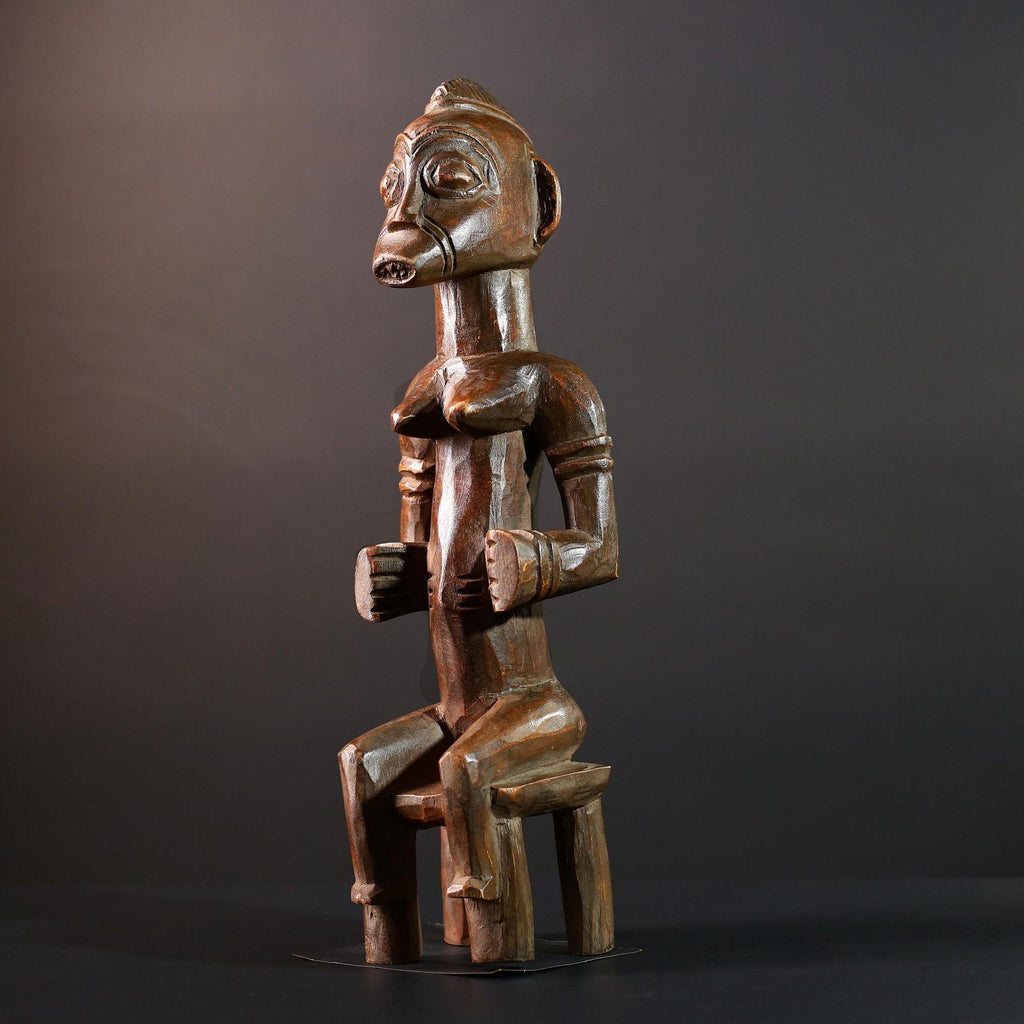 African tribal figure Luba female ancestor sculpture seated spirit statue wood carving Congo fertility decor collectible art-G5625