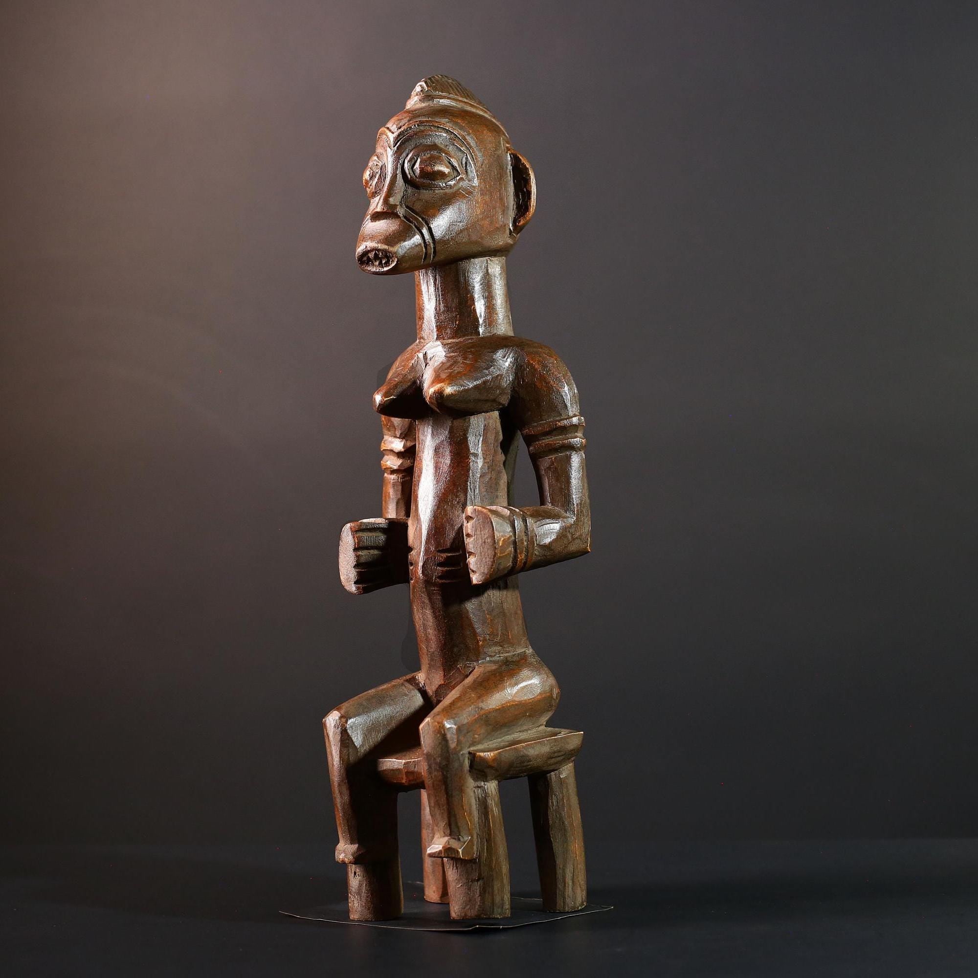 African tribal figure Luba female ancestor sculpture seated spirit statue wood carving Congo fertility decor collectible art-G5625