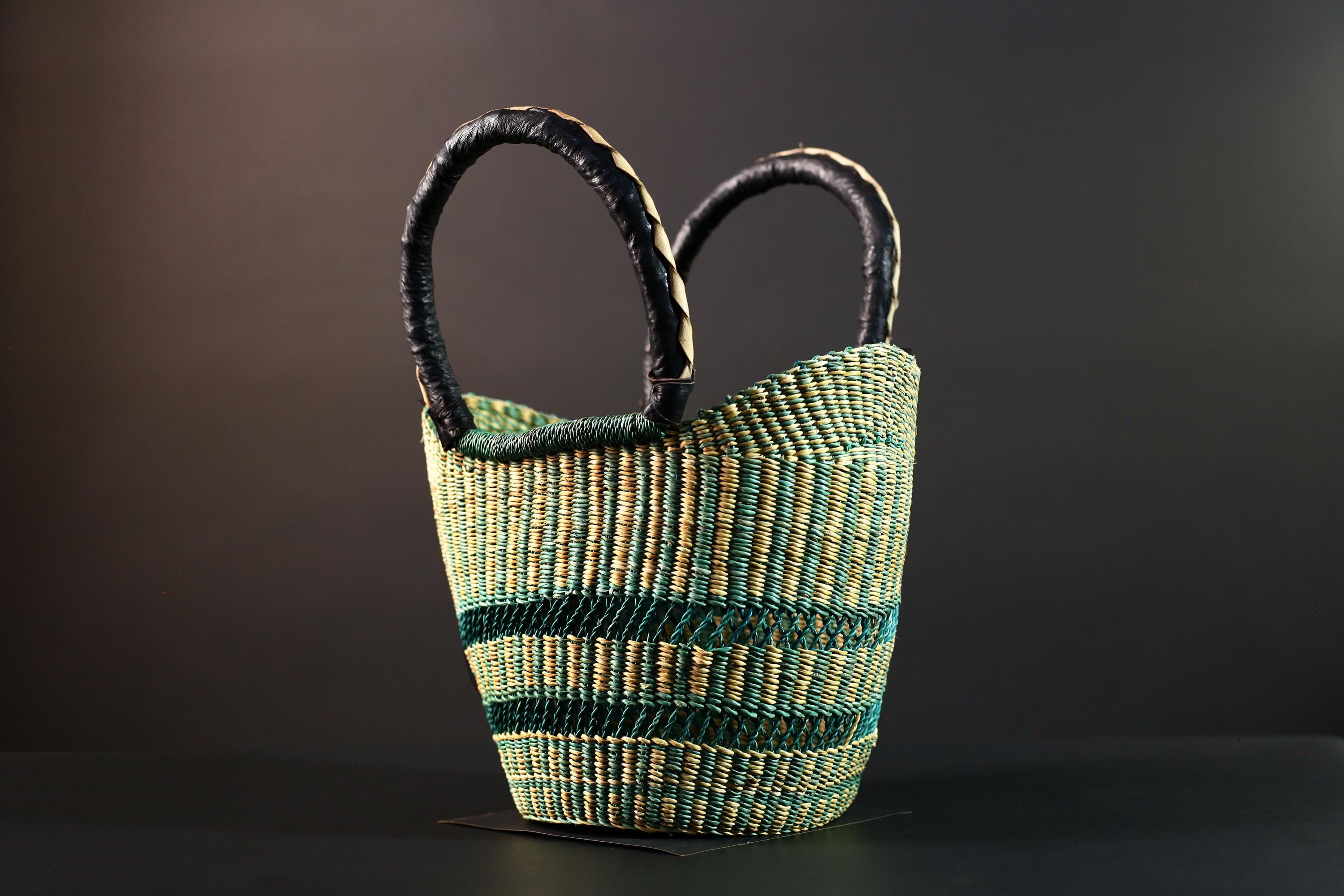 African Bolga basket green natural handwoven market tote bag leather handle Ghana decor woven storage shopping basket art G5626