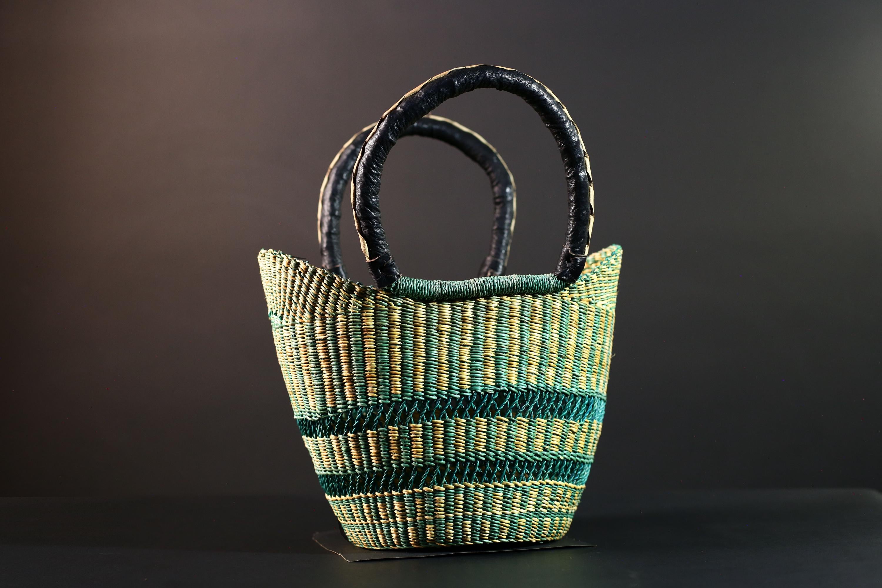 African Bolga basket green natural handwoven market tote bag leather handle Ghana decor woven storage shopping basket art G5626