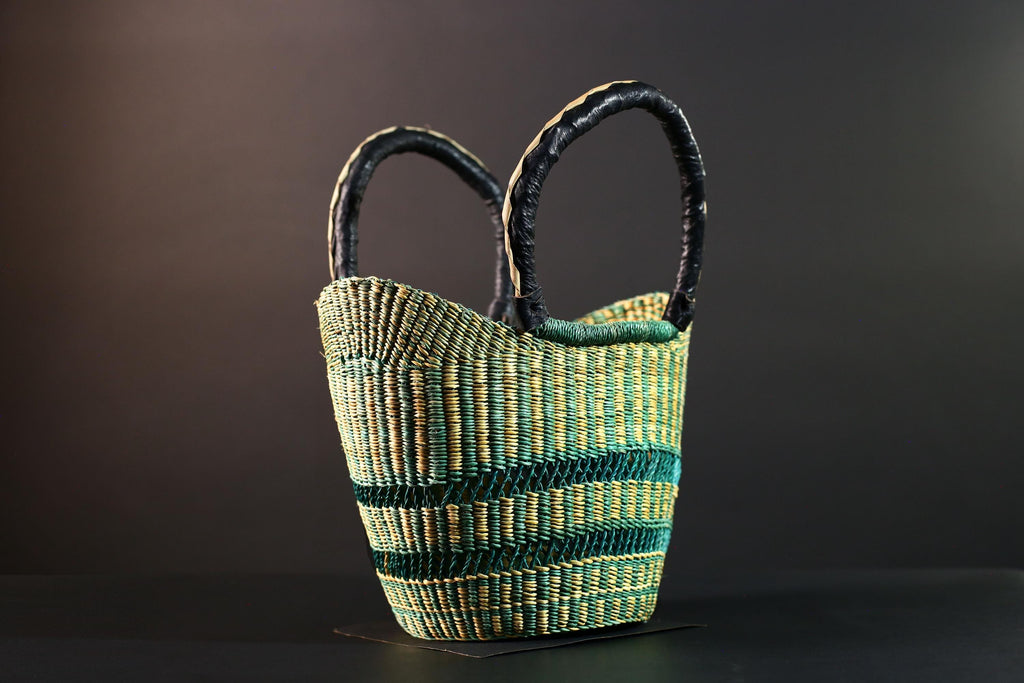 African Bolga basket green natural handwoven market tote bag leather handle Ghana decor woven storage shopping basket art G5626