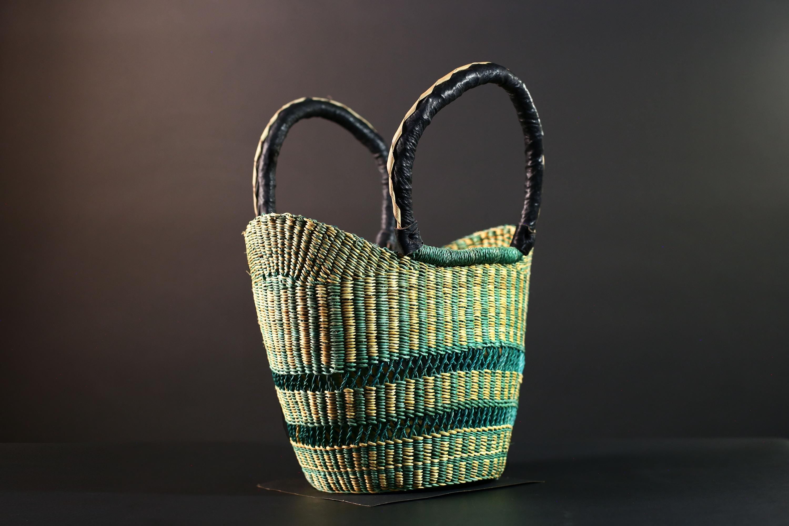 African Bolga basket green natural handwoven market tote bag leather handle Ghana decor woven storage shopping basket art G5626