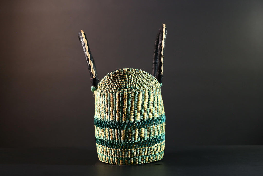 African Bolga basket green natural handwoven market tote bag leather handle Ghana decor woven storage shopping basket art G5626