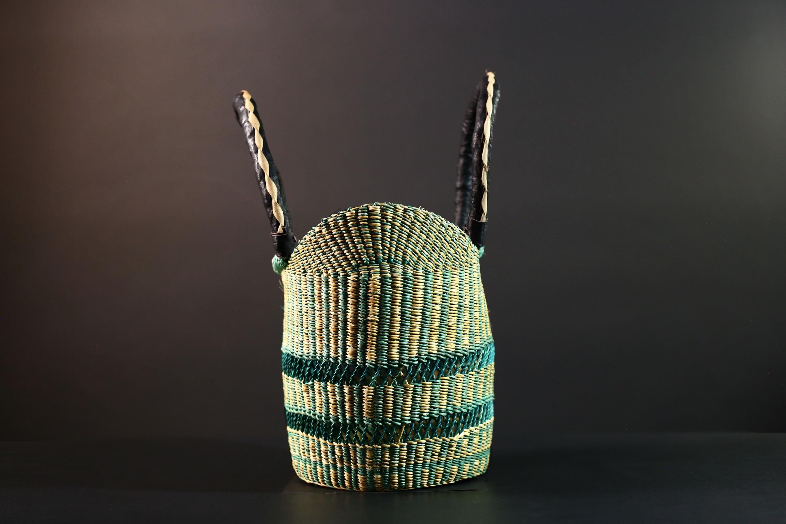 African Bolga basket green natural handwoven market tote bag leather handle Ghana decor woven storage shopping basket art G5626