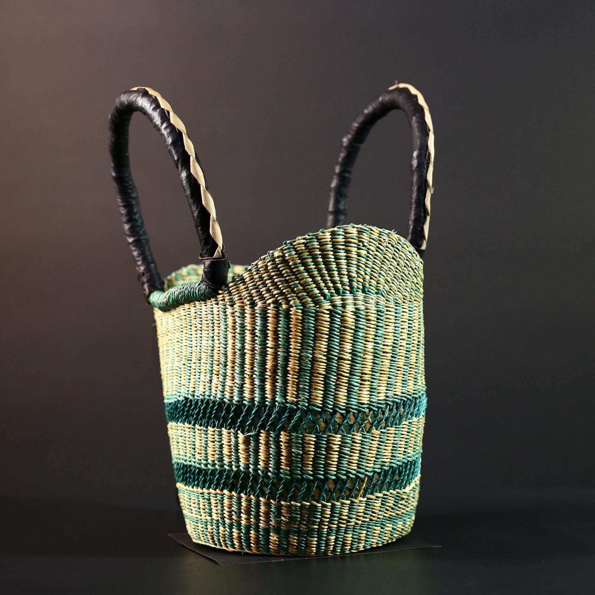 African Bolga basket green natural handwoven market tote bag leather handle Ghana decor woven storage shopping basket art G5626