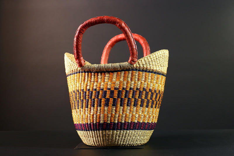 African Bolga basket tote with red leather handles handwoven straw shopper bag from Ghana colorful tribal market storage decor G5627