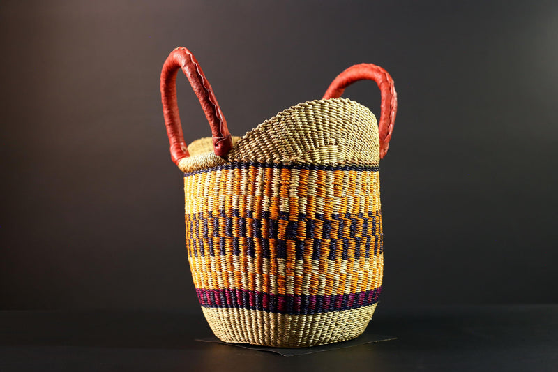African Bolga basket tote with red leather handles handwoven straw shopper bag from Ghana colorful tribal market storage decor G5627