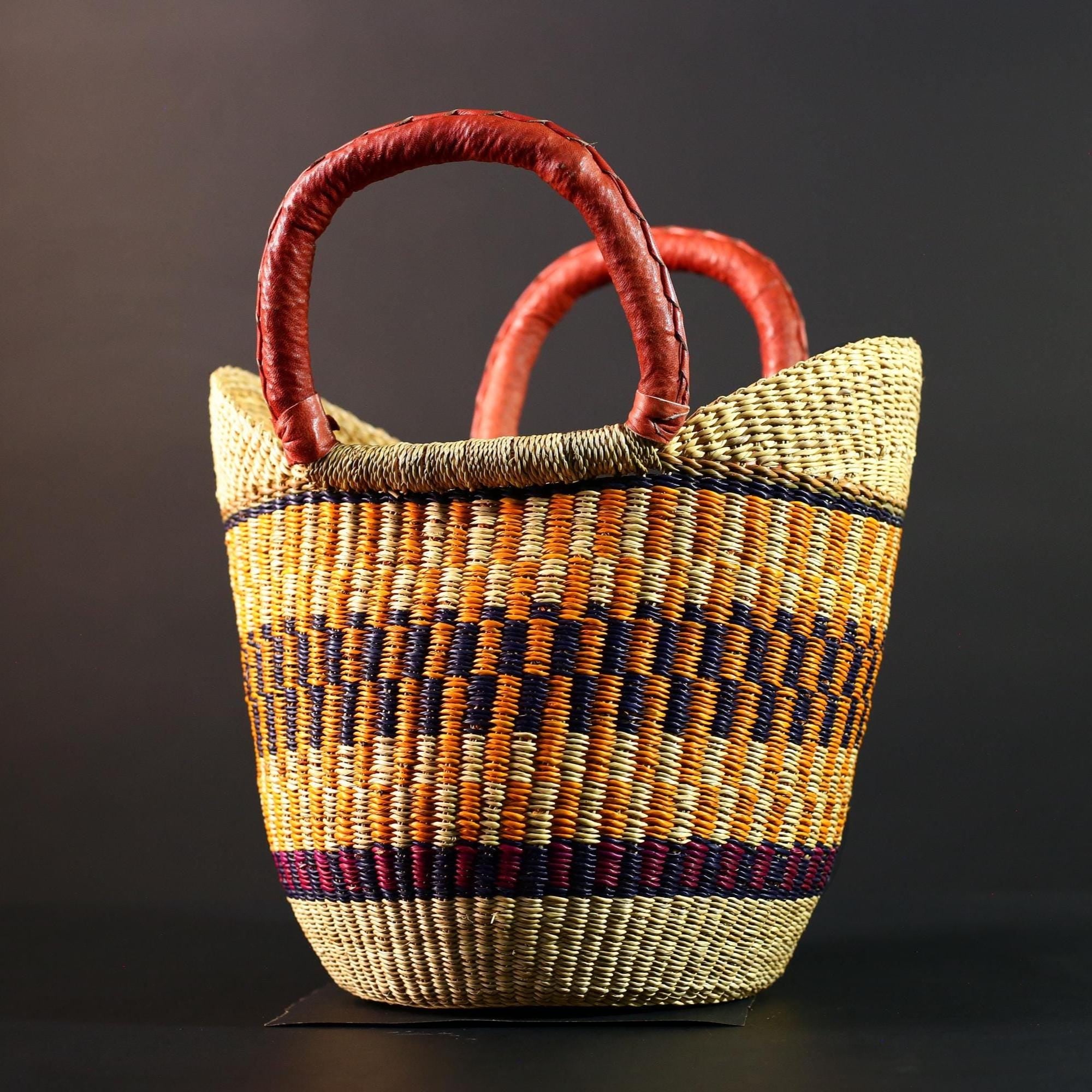 African Bolga basket tote with red leather handles handwoven straw shopper bag from Ghana colorful tribal market storage decor G5627