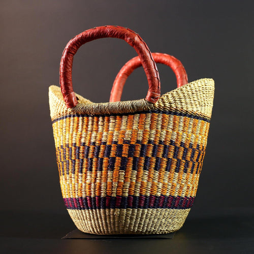 African Bolga basket tote with red leather handles handwoven straw shopper bag from Ghana colorful tribal market storage decor G5627