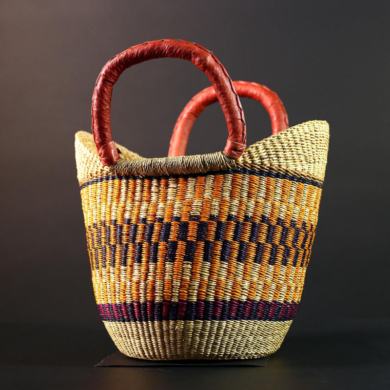 African Bolga basket tote with red leather handles handwoven straw shopper bag from Ghana colorful tribal market storage decor G5627
