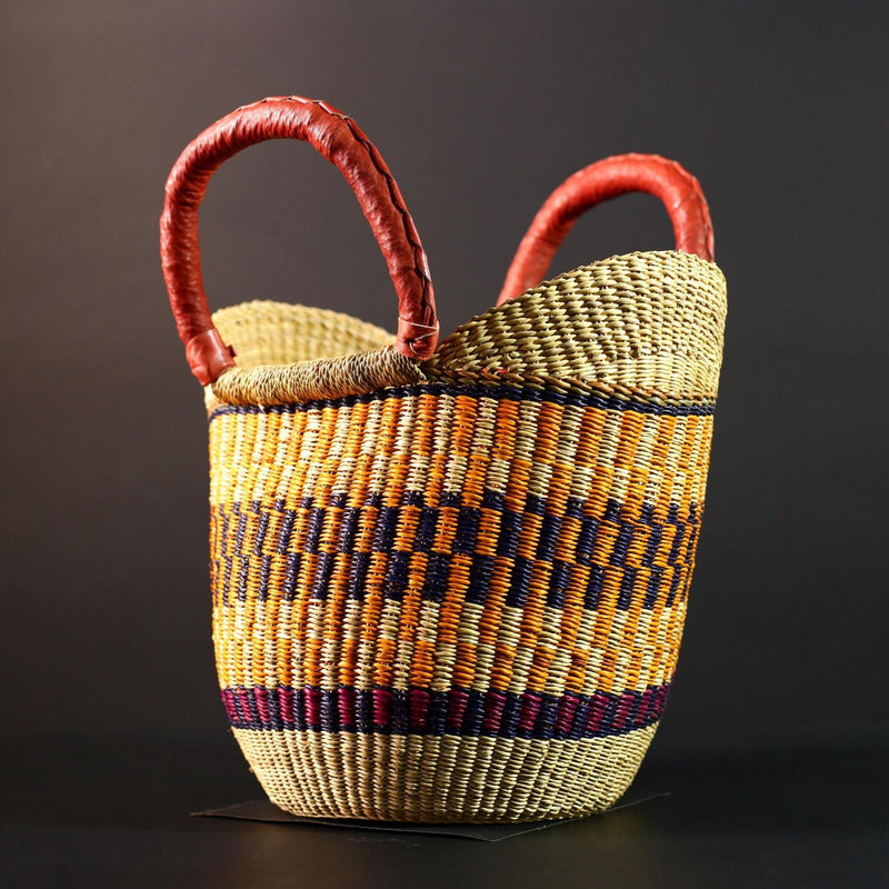 African Bolga basket tote with red leather handles handwoven straw shopper bag from Ghana colorful tribal market storage decor G5627