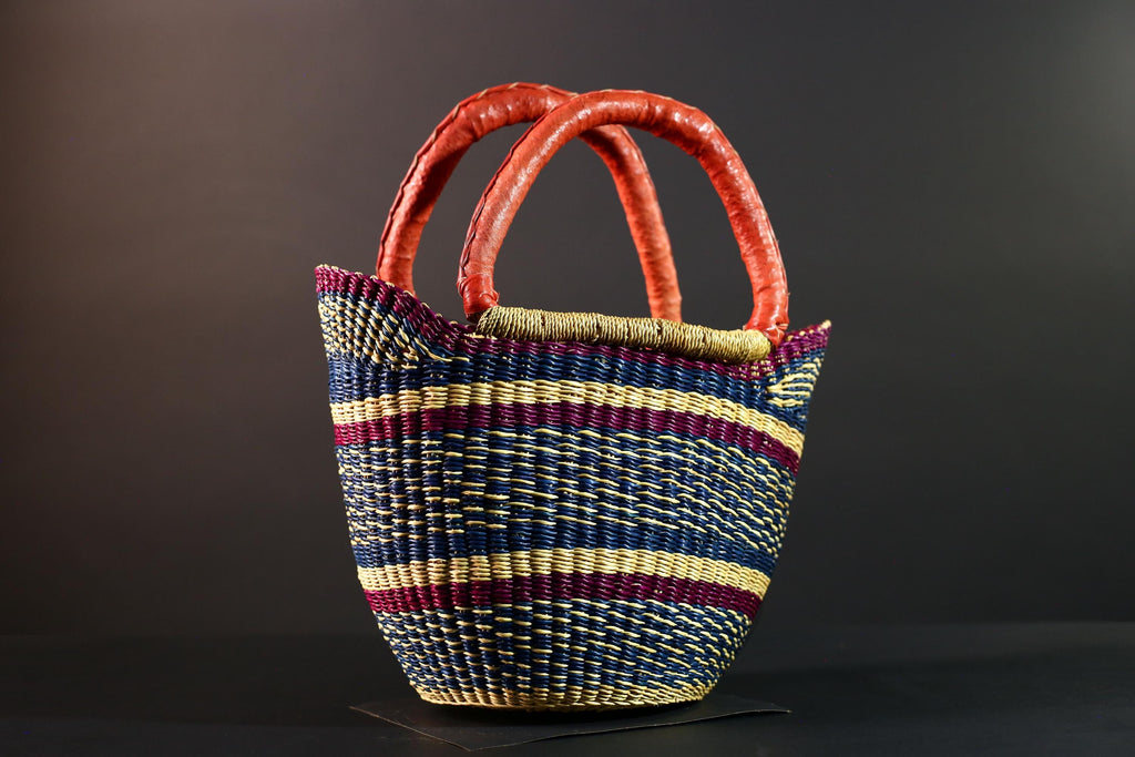 African Bolga Basket Red Leather Handle Indigo Straw Handwoven Ghana Market Tote Bag Tribal Organizer Home Storage Natural Decor G5628