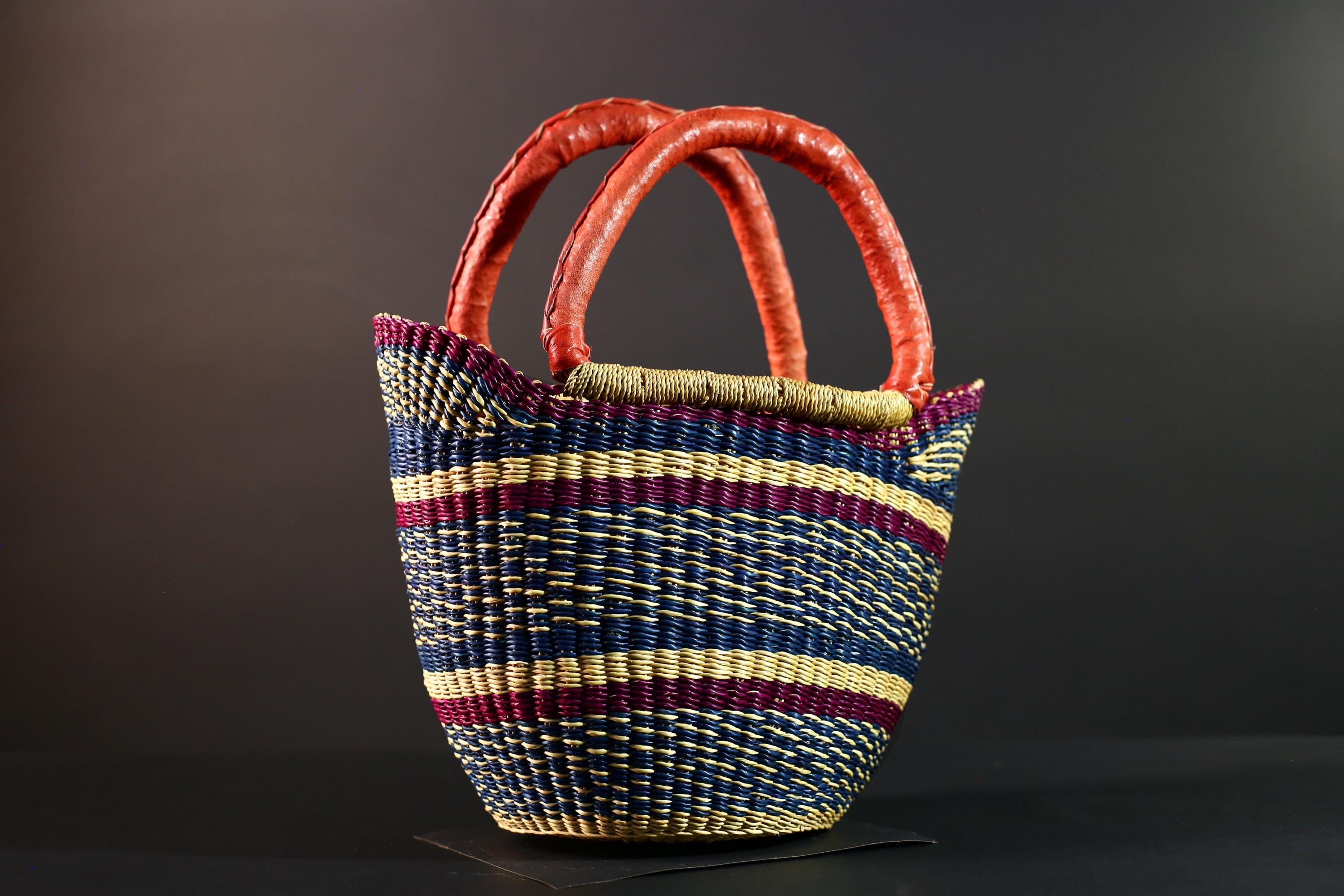 African Bolga Basket Red Leather Handle Indigo Straw Handwoven Ghana Market Tote Bag Tribal Organizer Home Storage Natural Decor G5628