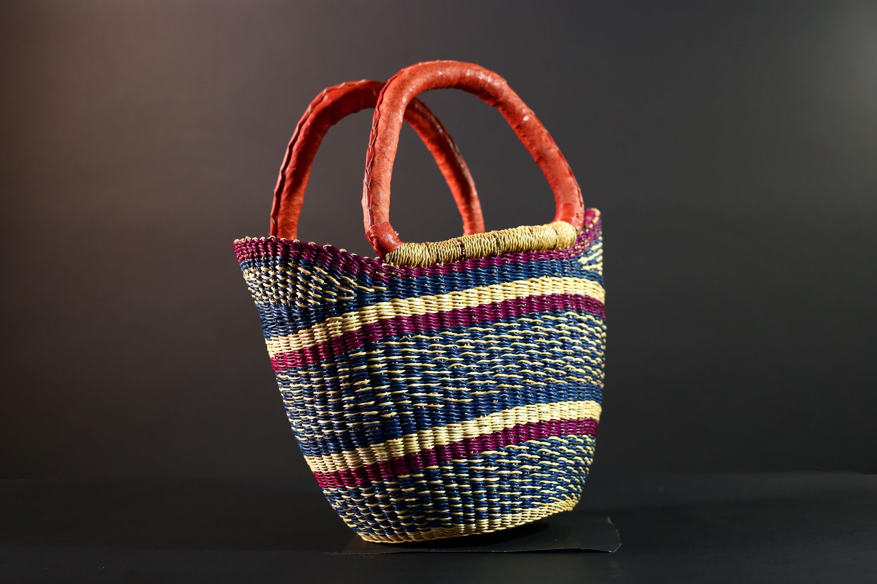 African Bolga Basket Red Leather Handle Indigo Straw Handwoven Ghana Market Tote Bag Tribal Organizer Home Storage Natural Decor G5628