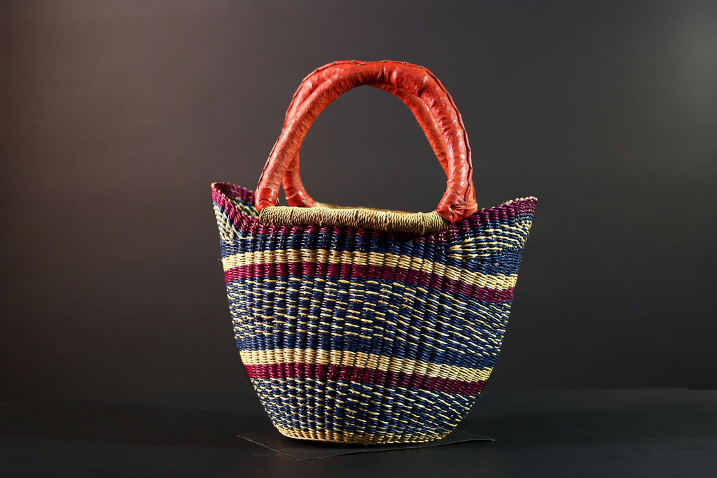 African Bolga Basket Red Leather Handle Indigo Straw Handwoven Ghana Market Tote Bag Tribal Organizer Home Storage Natural Decor G5628