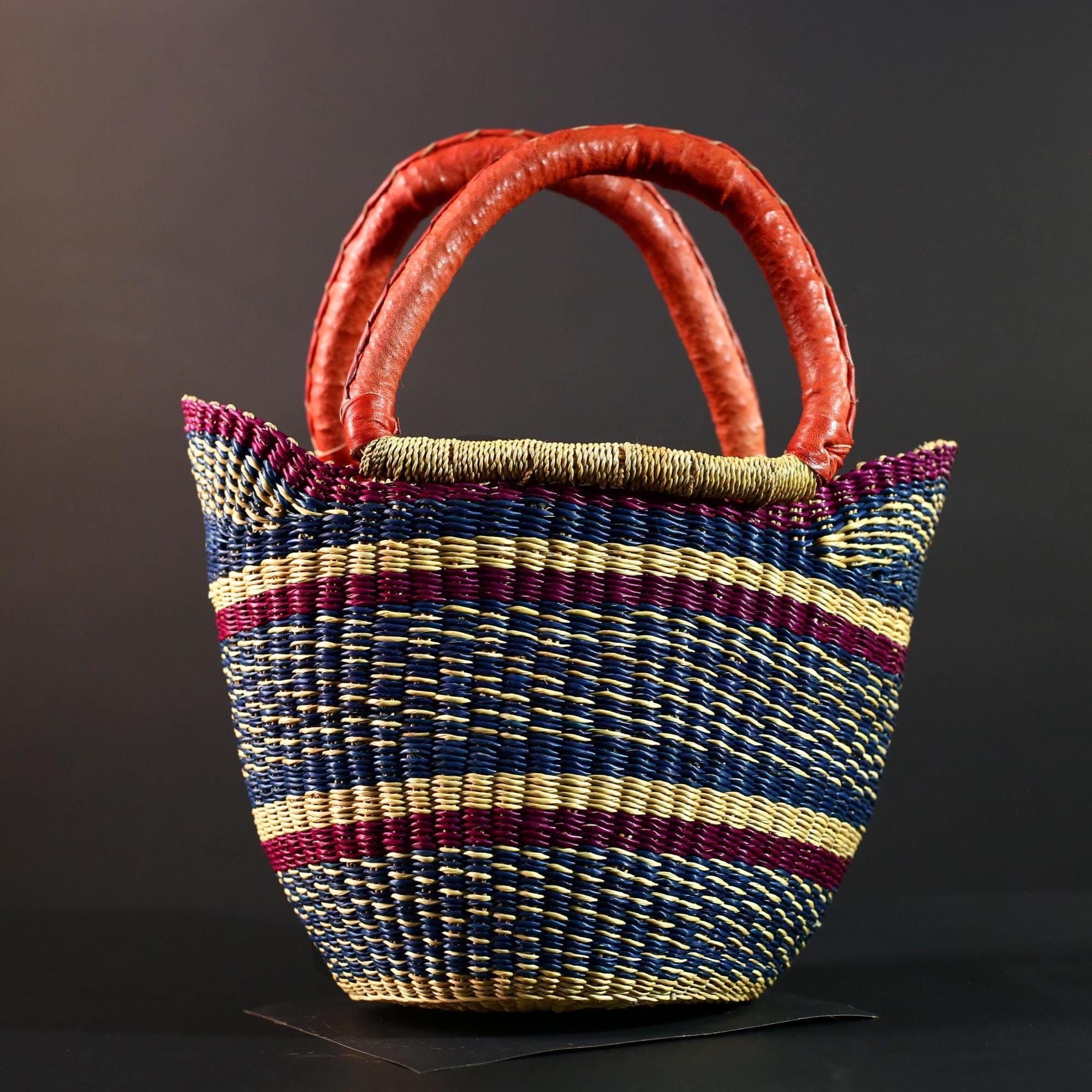 African Bolga Basket Red Leather Handle Indigo Straw Handwoven Ghana Market Tote Bag Tribal Organizer Home Storage Natural Decor G5628