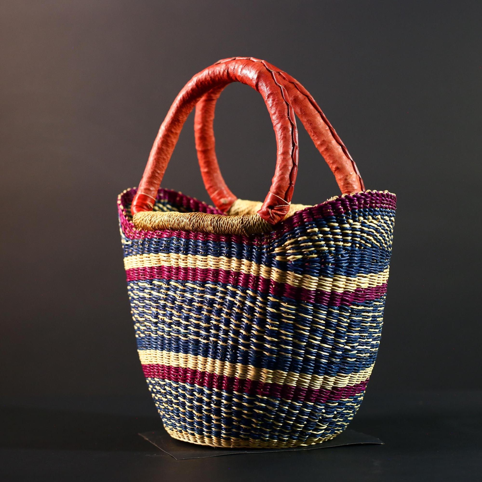 African Bolga Basket Red Leather Handle Indigo Straw Handwoven Ghana Market Tote Bag Tribal Organizer Home Storage Natural Decor G5628