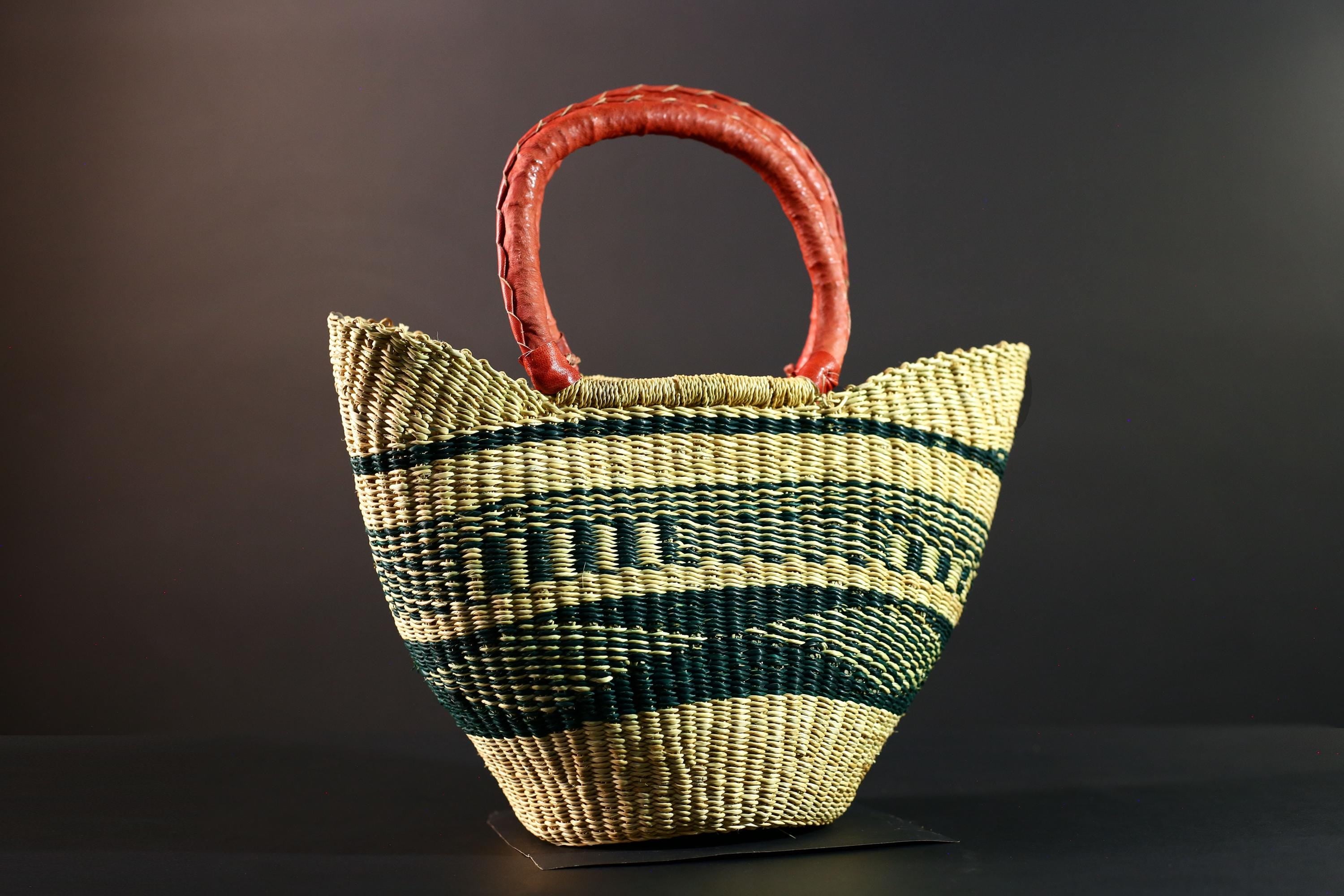 African Bolga Basket Handwoven Straw Tote with Red Leather Handle Market Shopping Organizer Storage Bag Ghana Home Decor G5629