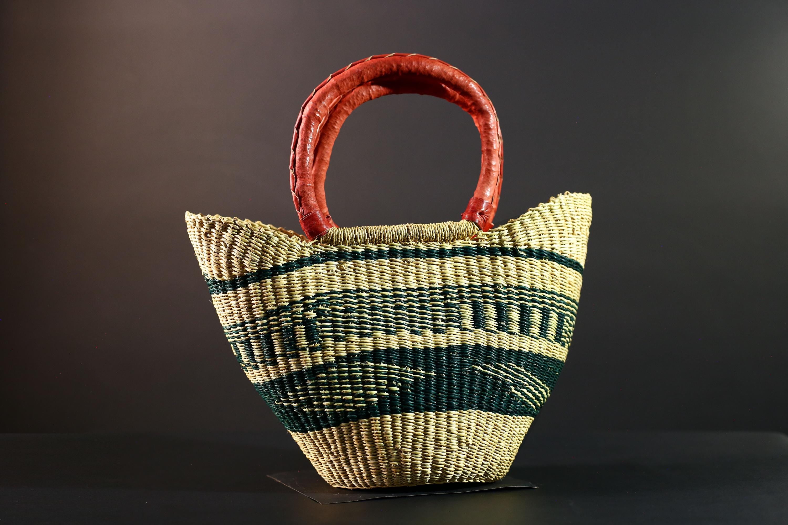 African Bolga Basket Handwoven Straw Tote with Red Leather Handle Market Shopping Organizer Storage Bag Ghana Home Decor G5629