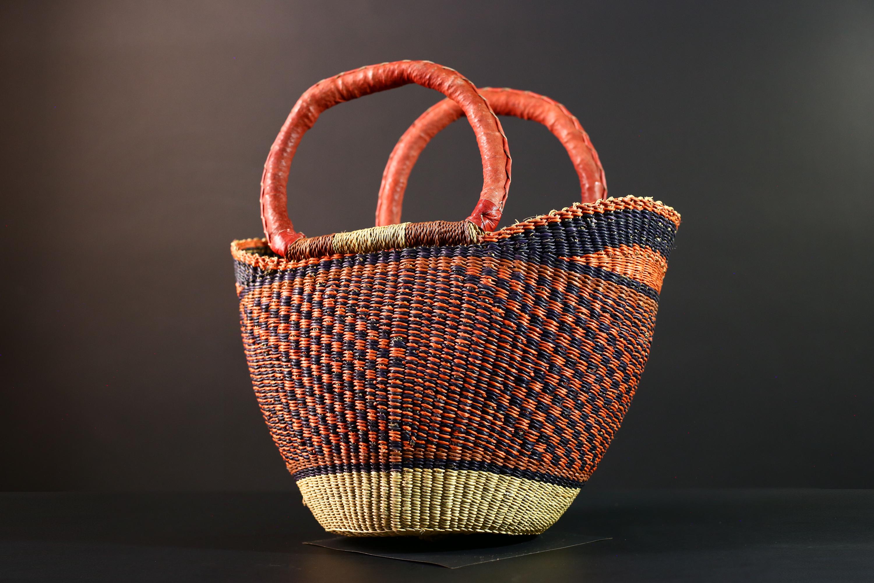 Large African Bolga Basket Handwoven Straw Tote with Red Leather Handle for Market Shopping Storage Ghana Orange Home Organizer Decor G5630