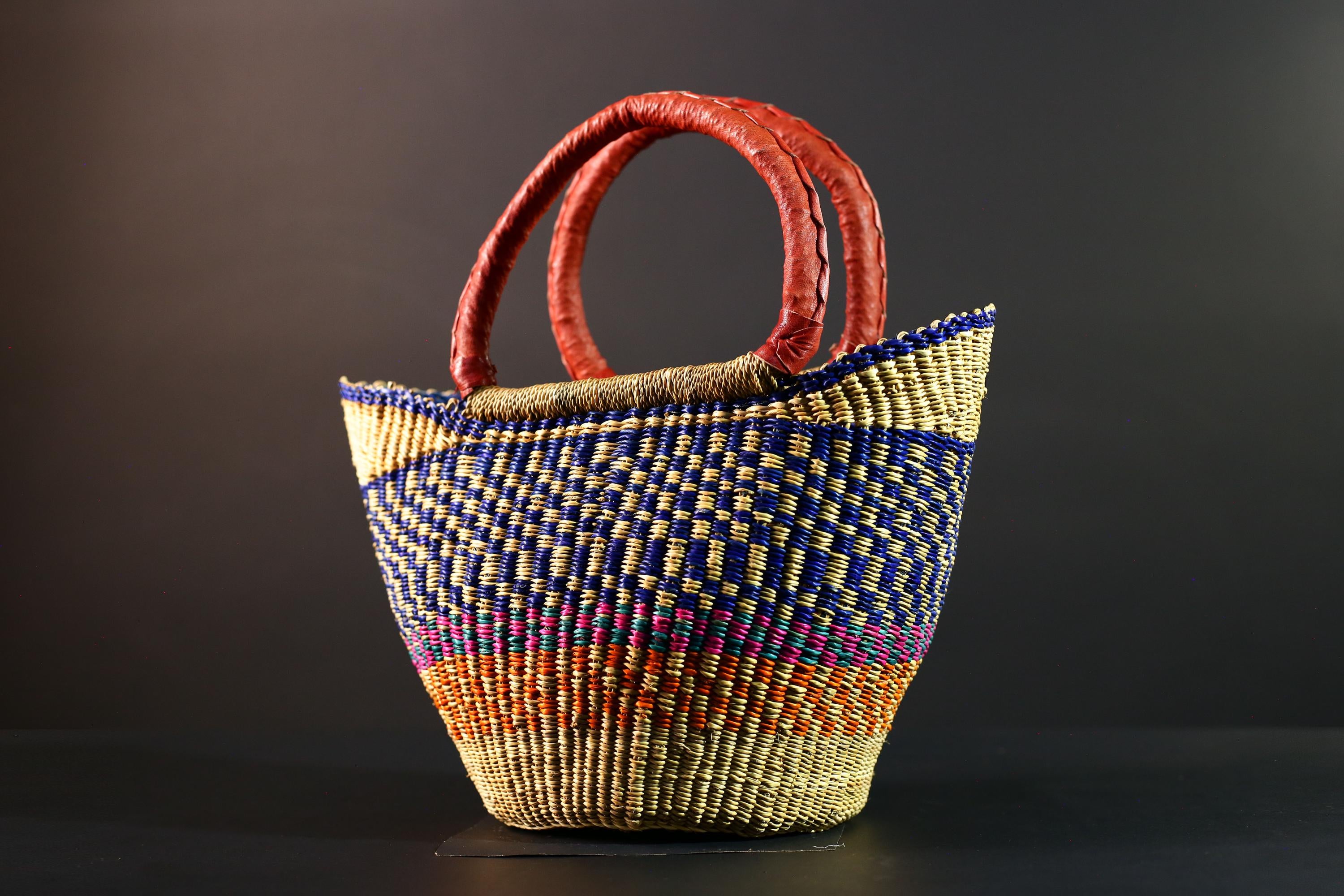 Africa market basket Bolga straw shopper tote with red leather handle colorful tribal weave Ghana handmade storage decor organizer bag G5631