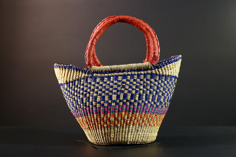 Africa market basket Bolga straw shopper tote with red leather handle colorful tribal weave Ghana handmade storage decor organizer bag G5631