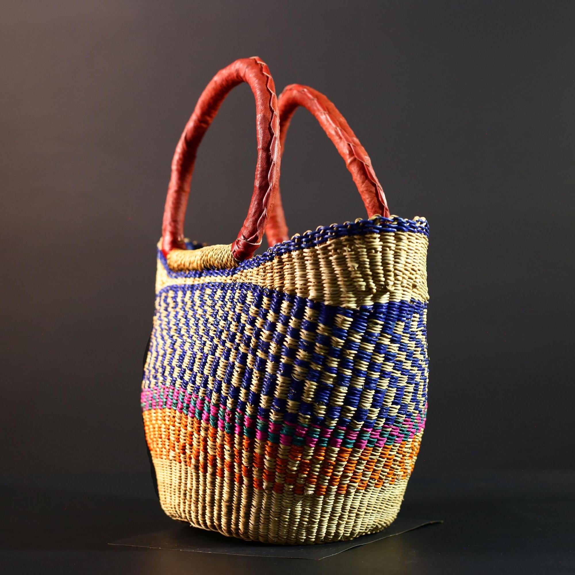 Africa market basket Bolga straw shopper tote with red leather handle colorful tribal weave Ghana handmade storage decor organizer bag G5631
