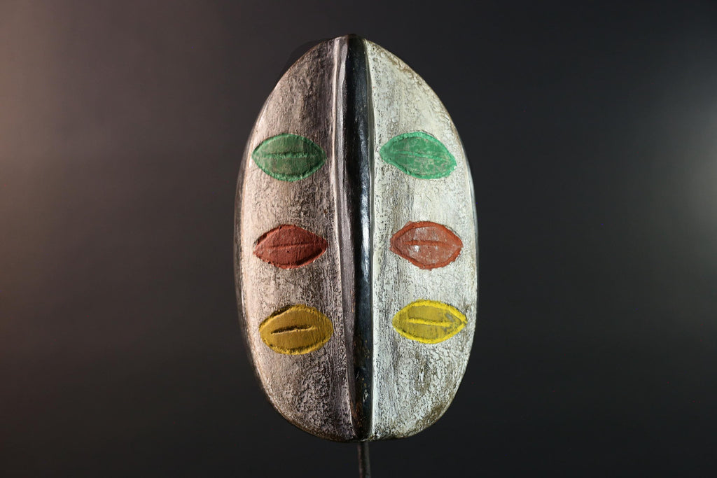 African tribal wall mask hand-carved wood face art Burkina Faso multicolor lips decor rustic ethnic sculpture-G5634