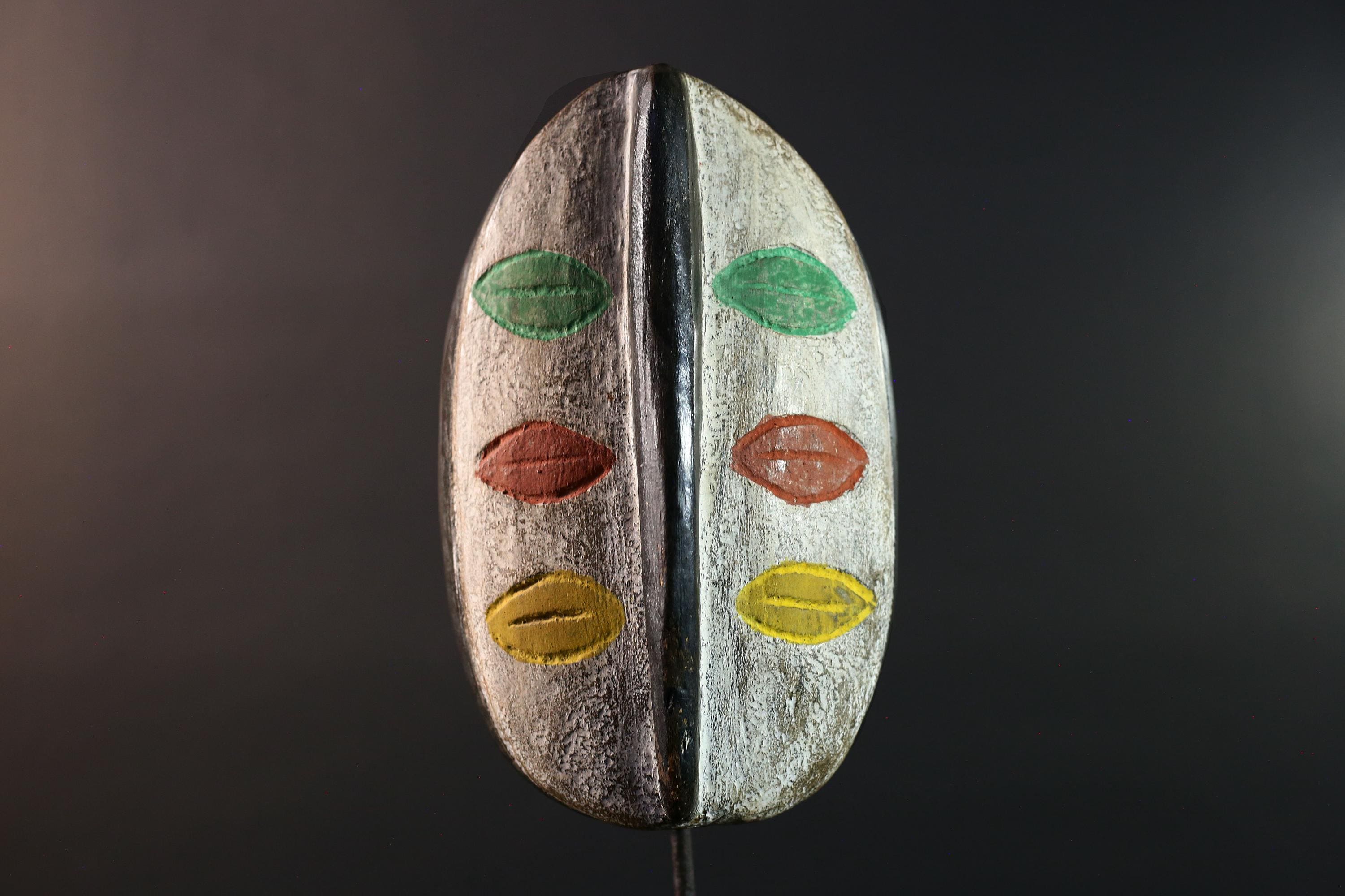 African tribal wall mask hand-carved wood face art Burkina Faso multicolor lips decor rustic ethnic sculpture-G5634