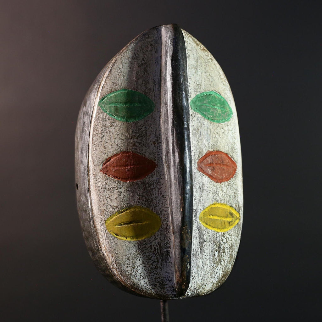 African tribal wall mask hand-carved wood face art Burkina Faso multicolor lips decor rustic ethnic sculpture-G5634