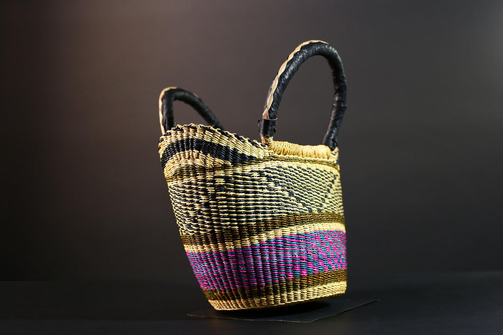 Large African Bolga Basket Handwoven Straw Market Tote Bag Pink Blue Black Handle Ghana Tribal Art Storage Fair Trade Decor G5635