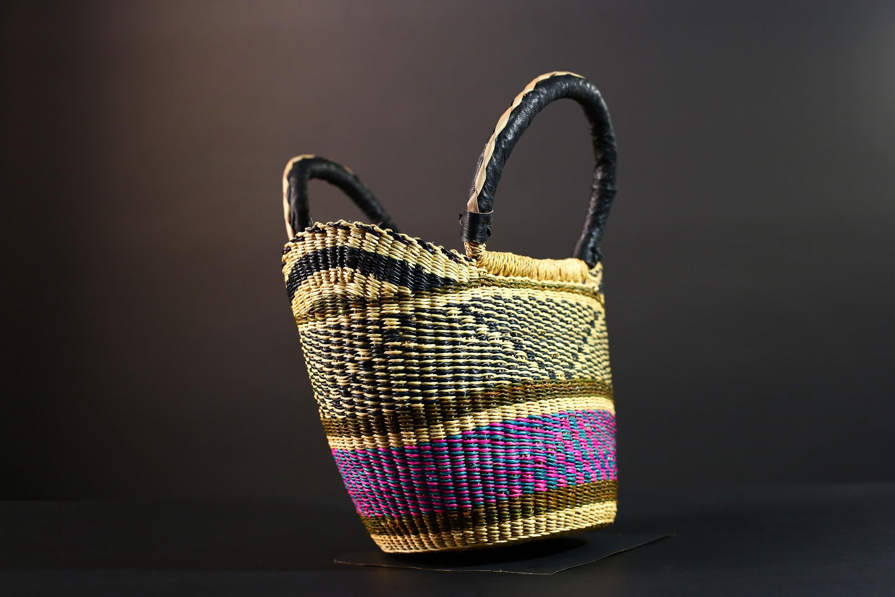 Large African Bolga Basket Handwoven Straw Market Tote Bag Pink Blue Black Handle Ghana Tribal Art Storage Fair Trade Decor G5635