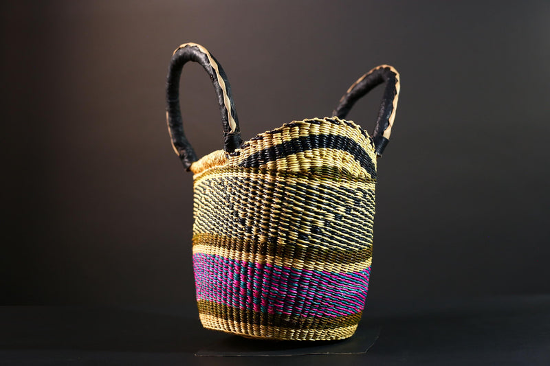 Large African Bolga Basket Handwoven Straw Market Tote Bag Pink Blue Black Handle Ghana Tribal Art Storage Fair Trade Decor G5635