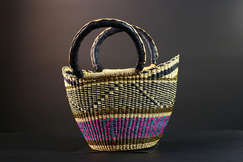 Large African Bolga Basket Handwoven Straw Market Tote Bag Pink Blue Black Handle Ghana Tribal Art Storage Fair Trade Decor G5635
