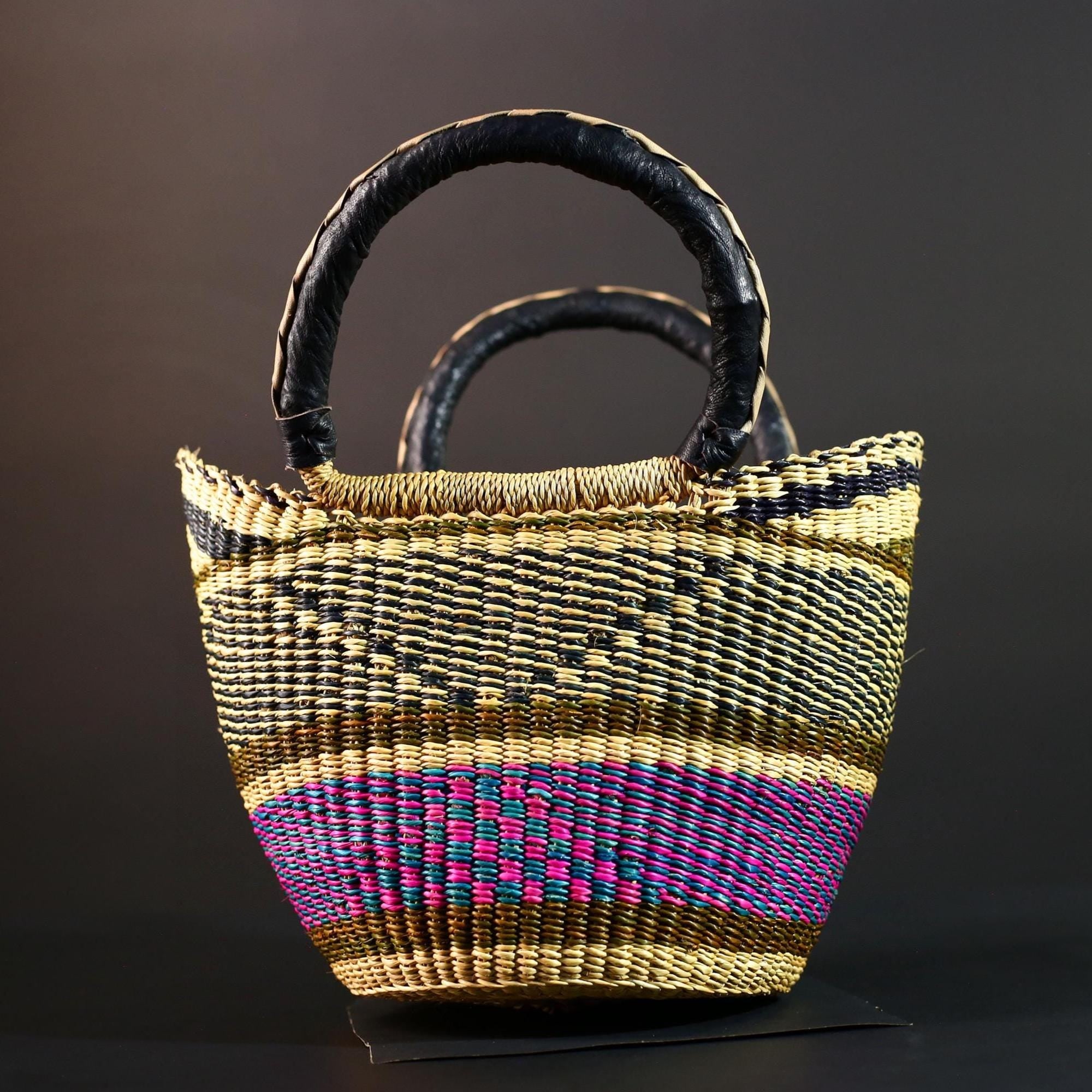 Large African Bolga Basket Handwoven Straw Market Tote Bag Pink Blue Black Handle Ghana Tribal Art Storage Fair Trade Decor G5635