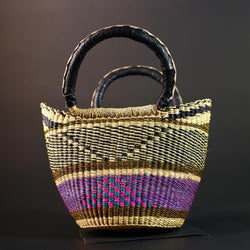 Large African Bolga Basket Handwoven Straw Market Tote Bag Pink Blue Black Handle Ghana Tribal Art Storage Fair Trade Decor G5635