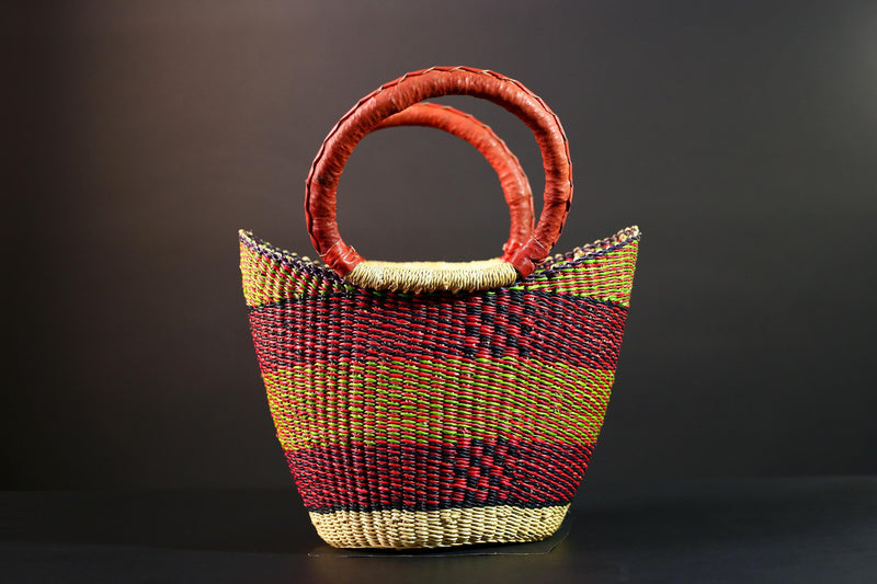 African Bolga Basket Handwoven Market Tote Ghana Straw Bag Red Leather Handle Colorful Storage Organizer Tribal Decor G5636