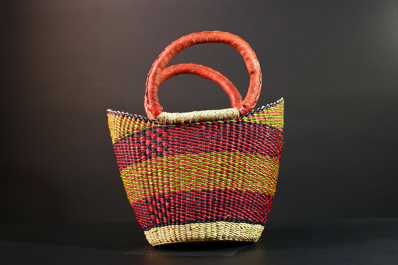 African Bolga Basket Handwoven Market Tote Ghana Straw Bag Red Leather Handle Colorful Storage Organizer Tribal Decor G5636