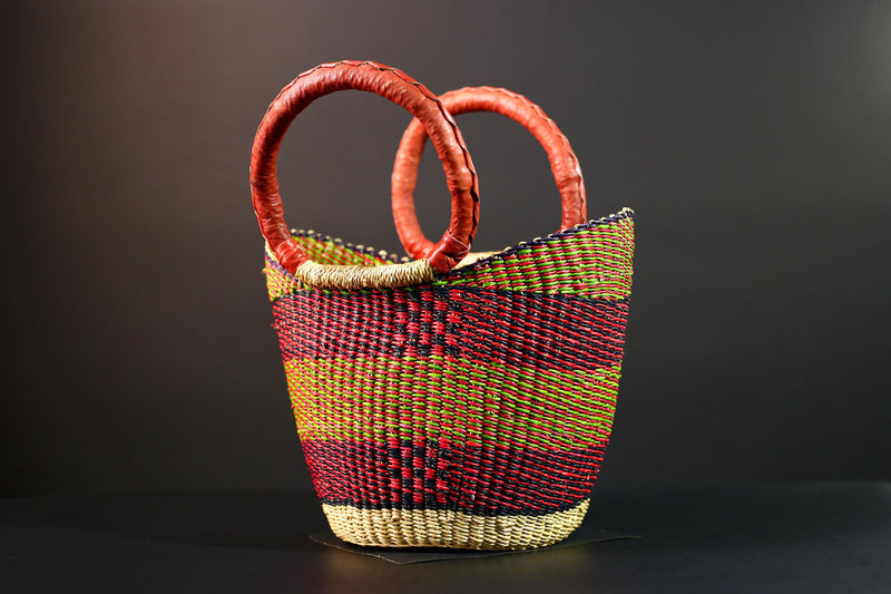 African Bolga Basket Handwoven Market Tote Ghana Straw Bag Red Leather Handle Colorful Storage Organizer Tribal Decor G5636